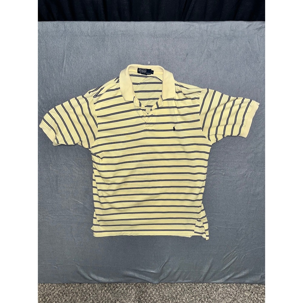 Polo Ralph Lauren Mens Large Yellow Navy Blue Striped Short Sleeve Polo Shirt